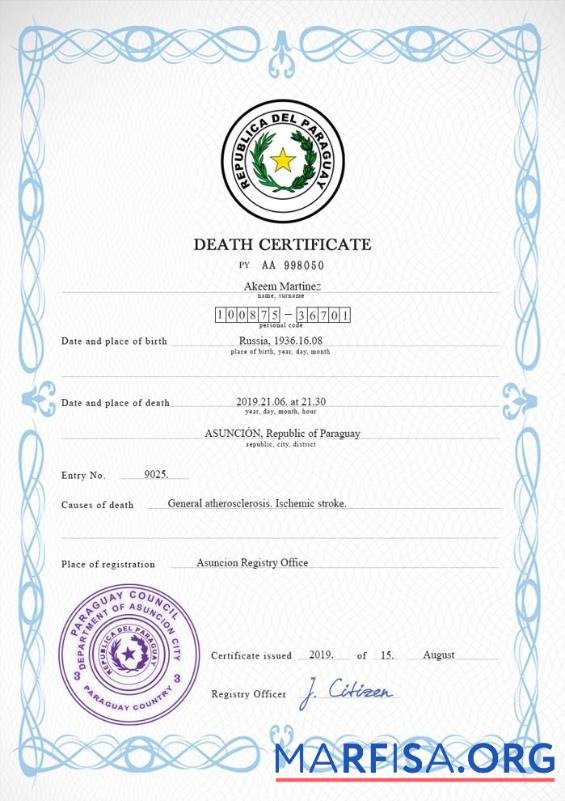 Blank Paraguay vital record death certificate PSD template